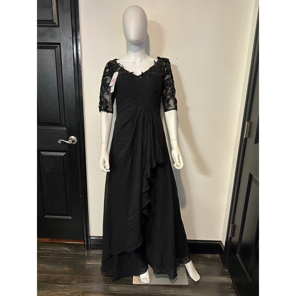 Black Lace Sequin V-Neck Evening Gown Ruched Formal Maxi‎ Dress with Cowl Back